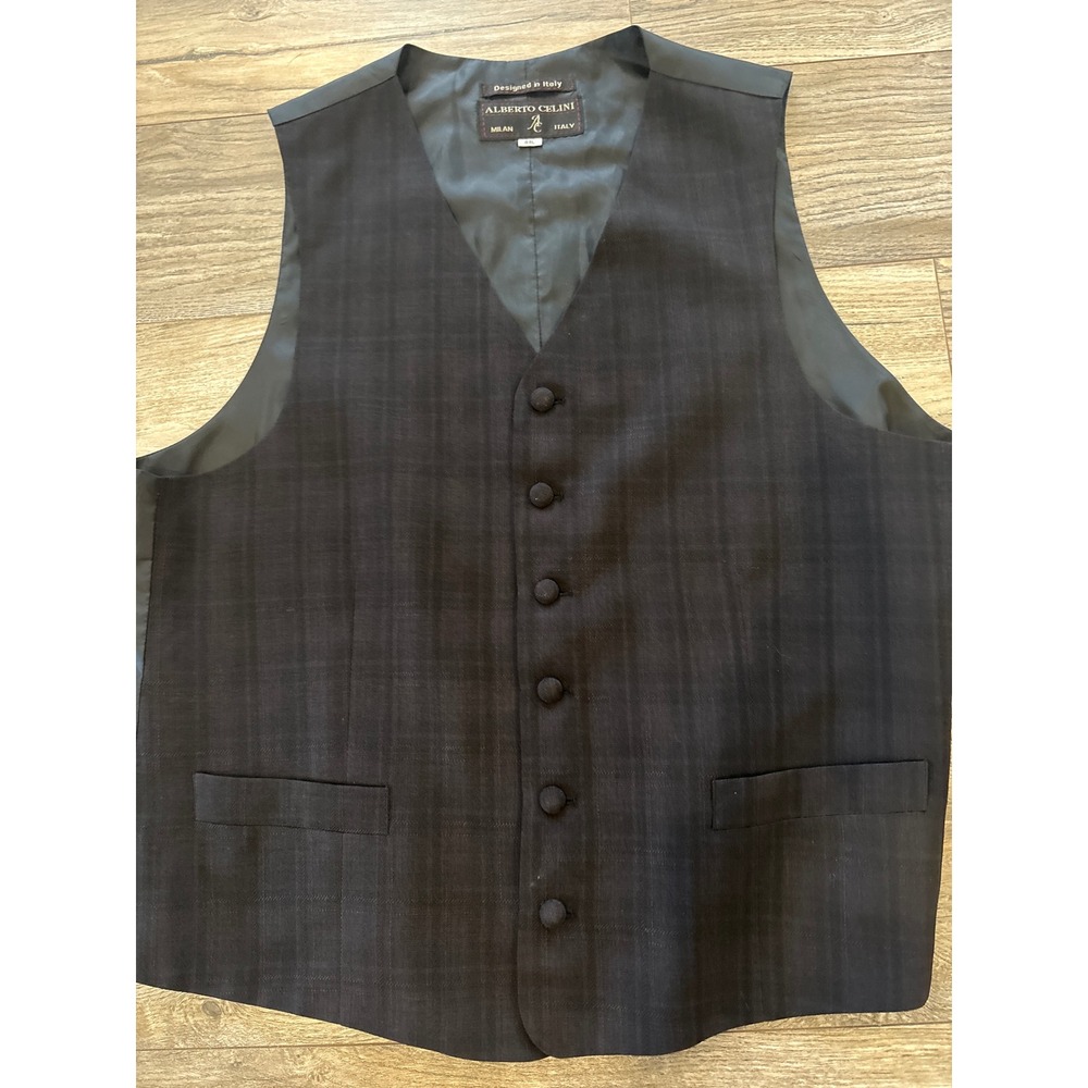 Alberto Celini Milan Italy Mens 44L Plaid Suit Vest Waistcoat Dark Charcoal
